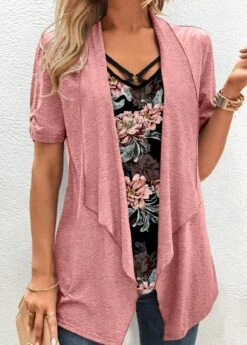 Pink Fake 2in1 Random Floral Print T Shirt -OLALA Clothing Shop 339331 P 1694055053330