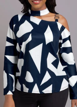 Navy Chain Geometric Print Long Sleeve Blouse 9 Navy Chain Geometric Print Long Sleeve Blouse -OLALA Clothing Shop 339358 P 16920055395080