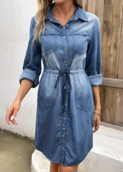 Denim Blue Pocket Long Sleeve Shirt Collar Dress -OLALA Clothing Shop 339836 P 16933603300894