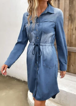 Denim Blue Pocket Long Sleeve Shirt Collar Dress -OLALA Clothing Shop 339836 P 16933603301122