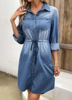 Denim Blue Pocket Long Sleeve Shirt Collar Dress -OLALA Clothing Shop 339836 P 16933603308380