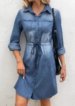 Denim Blue Pocket Long Sleeve Shirt Collar Dress -OLALA Clothing Shop 339836 P 16933603308693
