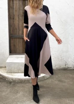 Black Pocket Geometric Print Long Sleeve Dress