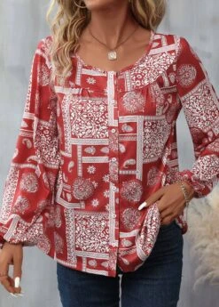 Red Button Tribal Print Long Sleeve Round Neck Blouse -OLALA Clothing Shop 340112 P 16932193192192