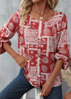 Red Button Tribal Print Long Sleeve Round Neck Blouse -OLALA Clothing Shop 340112 P 16932193192495