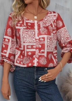 Red Button Tribal Print Long Sleeve Round Neck Blouse -OLALA Clothing Shop 340112 P 16932193192864