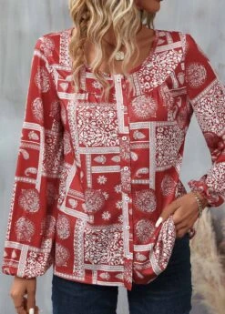 Red Button Tribal Print Long Sleeve Round Neck Blouse -OLALA Clothing Shop 340112 P 16932193192963