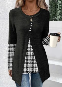 Black Patchwork Plaid Long Sleeve T Shirt -OLALA Clothing Shop 340242 P 1692612621654
