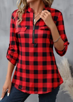 Red Zipper Plaid Long Sleeve High Neck Blouse -OLALA Clothing Shop 340543 P 16929591923372
