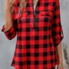 Red Zipper Plaid Long Sleeve High Neck Blouse