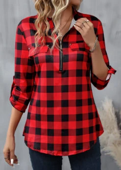 Red Zipper Plaid Long Sleeve High Neck Blouse -OLALA Clothing Shop 340543 P 16929591932763