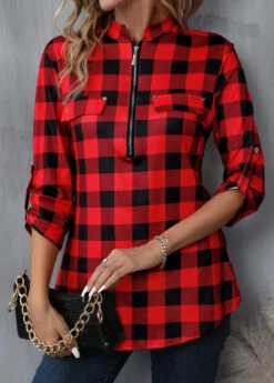 Red Zipper Plaid Long Sleeve High Neck Blouse -OLALA Clothing Shop 340543 P 16929591933954
