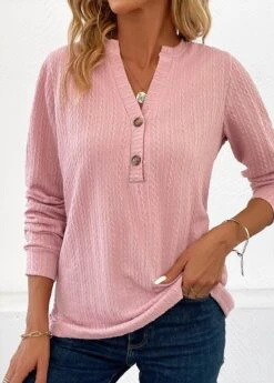 Pink Button Long Sleeve Split Neck Blouse -OLALA Clothing Shop 340632 P 16988393733244