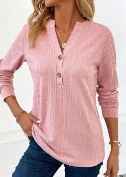 Pink Button Long Sleeve Split Neck Blouse -OLALA Clothing Shop 340632 P 16988393734083