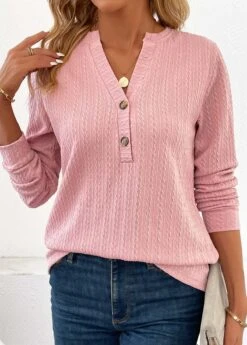 Pink Button Long Sleeve Split Neck Blouse -OLALA Clothing Shop 340632 P 16988393735062