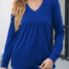 Dark Blue Ruched Long Sleeve V Neck Blouse -OLALA Clothing Shop 340838 P 1692958289765