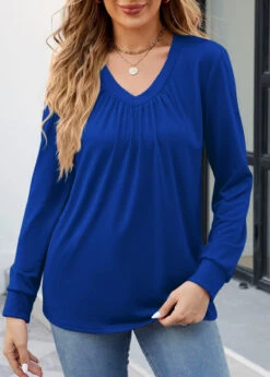 Dark Blue Ruched Long Sleeve V Neck Blouse