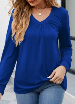 Dark Blue Ruched Long Sleeve V Neck Blouse -OLALA Clothing Shop 340838 P 1692958290535
