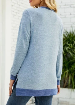 Light Blue Pocket Long Sleeve Round Neck T Shirt -OLALA Clothing Shop 340840 P 1692860556581