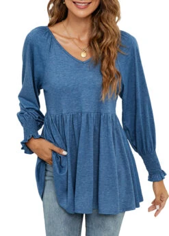 Denim Blue Smocked Long Sleeve V Neck Blouse