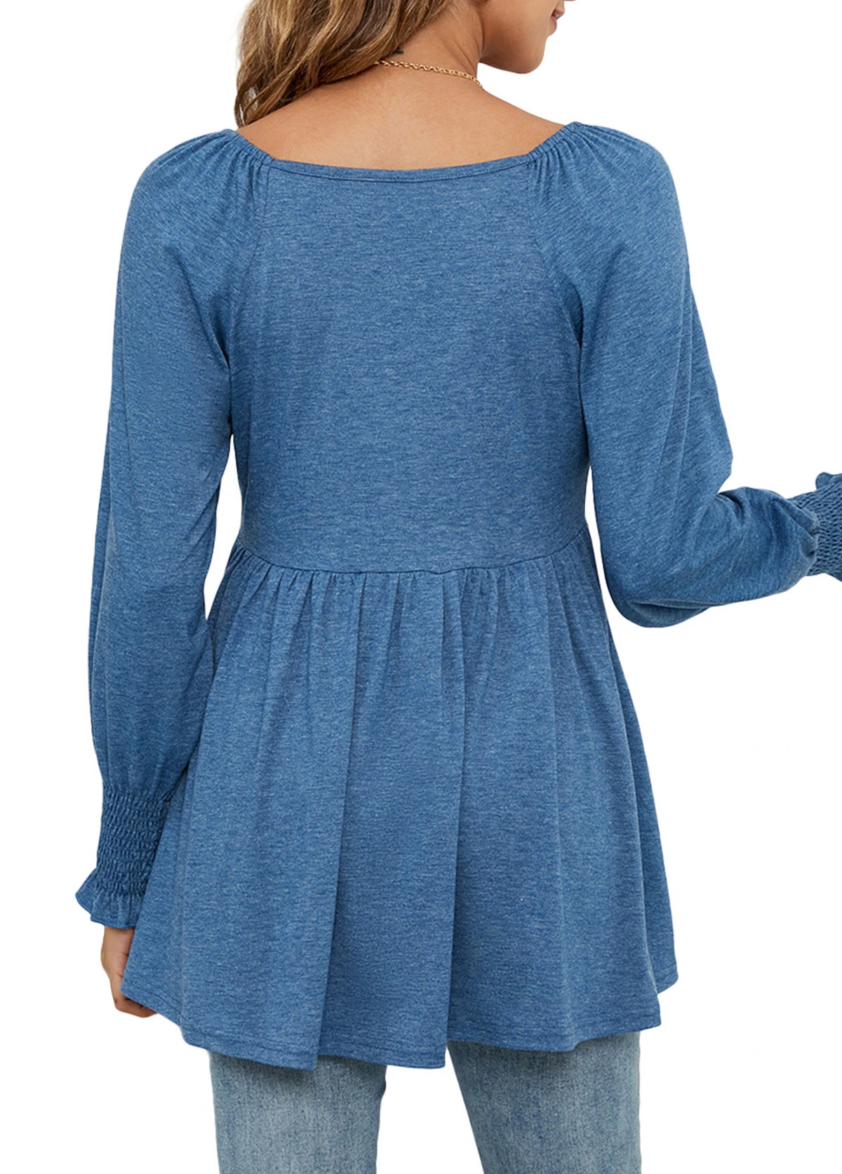 Denim Blue Smocked Long Sleeve V Neck Blouse 4 Denim Blue Smocked Long Sleeve V Neck Blouse - Image 2