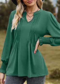 Green Tuck Stitch Long Sleeve Split Neck Blouse 9 Green Tuck Stitch Long Sleeve Split Neck Blouse -OLALA Clothing Shop 340856 P 1692939964584