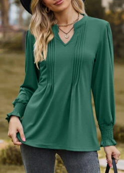 Green Tuck Stitch Long Sleeve Split Neck Blouse 11 Green Tuck Stitch Long Sleeve Split Neck Blouse -OLALA Clothing Shop 340856 P 1692939965342
