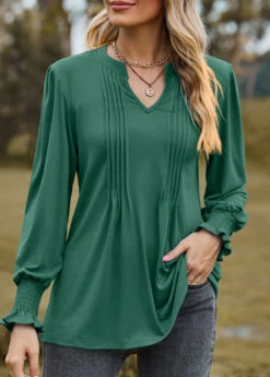 Green Tuck Stitch Long Sleeve Split Neck Blouse 10 Green Tuck Stitch Long Sleeve Split Neck Blouse -OLALA Clothing Shop 340856 P 1692939965418