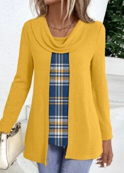 Ginger Fake 2in1 Plaid Long Sleeve T Shirt