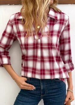 Wine Red Split Plaid Long Sleeve Blouse -OLALA Clothing Shop 341191 P 16956097830394