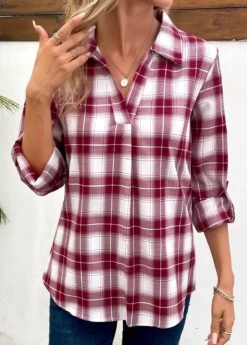 Wine Red Split Plaid Long Sleeve Blouse -OLALA Clothing Shop 341191 P 16956097830803