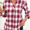 Wine Red Split Plaid Long Sleeve Blouse -OLALA Clothing Shop 341191 P 16956097835590