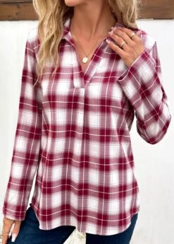 Wine Red Split Plaid Long Sleeve Blouse -OLALA Clothing Shop 341191 P 16956097838272