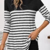 Black Patchwork Striped Long Sleeve High Neck T Shirt