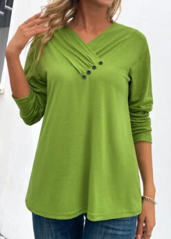 Grass Green Button Long Sleeve V Neck T Shirt -OLALA Clothing Shop 342169 P 16952993030823
