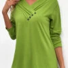 Grass Green Button Long Sleeve V Neck T Shirt -OLALA Clothing Shop 342169 P 16952993039110