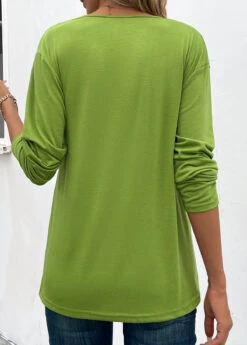 Grass Green Button Long Sleeve V Neck T Shirt -OLALA Clothing Shop 342169 P 16952993039141