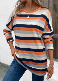 Multi Color Patchwork Striped Long Sleeve T Shirt -OLALA Clothing Shop 342222 P 16967607986454