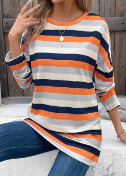 Multi Color Patchwork Striped Long Sleeve T Shirt -OLALA Clothing Shop 342222 P 16967607988043