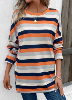 Multi Color Patchwork Striped Long Sleeve T Shirt -OLALA Clothing Shop 342222 P 16967607989180