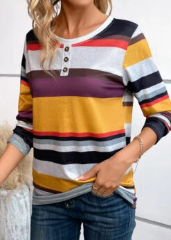 Ginger Button Multi Stripe Print Long Sleeve T Shirt -OLALA Clothing Shop 342228 P 16990087836043