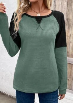 Green Patchwork Long Sleeve Round Neck T Shirt -OLALA Clothing Shop 342444 P 16944871785803