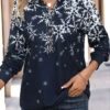Dark Blue Button Snowflake Print Long Sleeve Blouse -OLALA Clothing Shop 342488 P 16967608660820