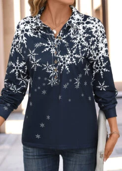 Dark Blue Button Snowflake Print Long Sleeve Blouse -OLALA Clothing Shop 342488 P 16967608662734