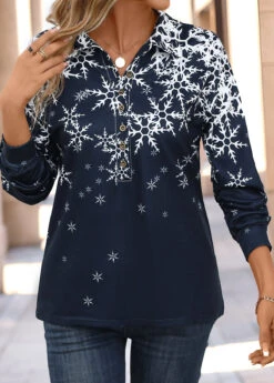 Dark Blue Button Snowflake Print Long Sleeve Blouse -OLALA Clothing Shop 342488 P 16967608667942