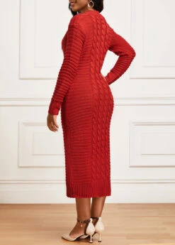 Long Sleeve Round Neck Red Bodycon Dress -OLALA Clothing Shop 342637 P 16957214392241