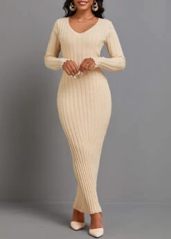 Light Camel Tie Long Sleeve Maxi Dress -OLALA Clothing Shop 342638 P 16957215022784