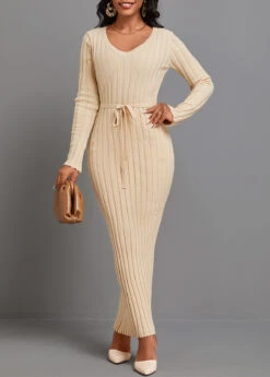 Light Camel Tie Long Sleeve Maxi Dress