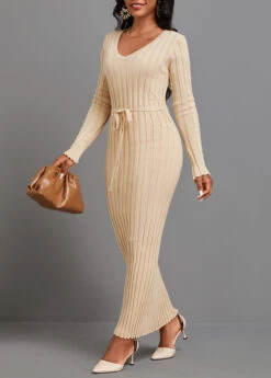 Light Camel Tie Long Sleeve Maxi Dress -OLALA Clothing Shop 342638 P 16957215027762