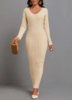 Light Camel Tie Long Sleeve Maxi Dress -OLALA Clothing Shop 342638 P 16957215029563